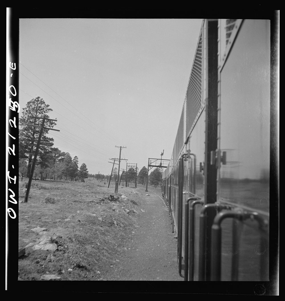 [Untitled photo, possibly related to: Flagstaff (vicinity), Arizona. Diesel freight train rounding a curve on the Atchison…