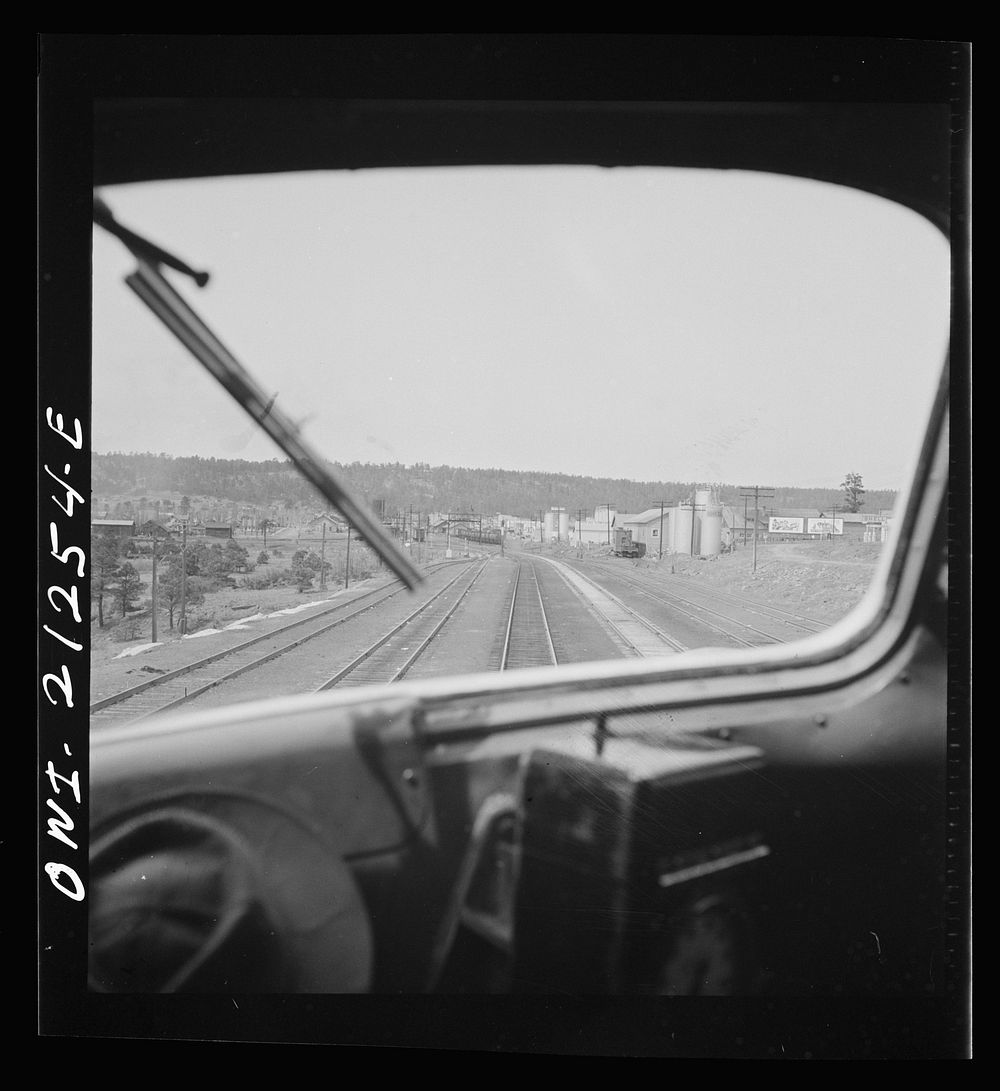 [Untitled photo, possibly related to: Flagstaff, Arizona. Entering the town along the Atchison, Topeka, and Santa Fe…