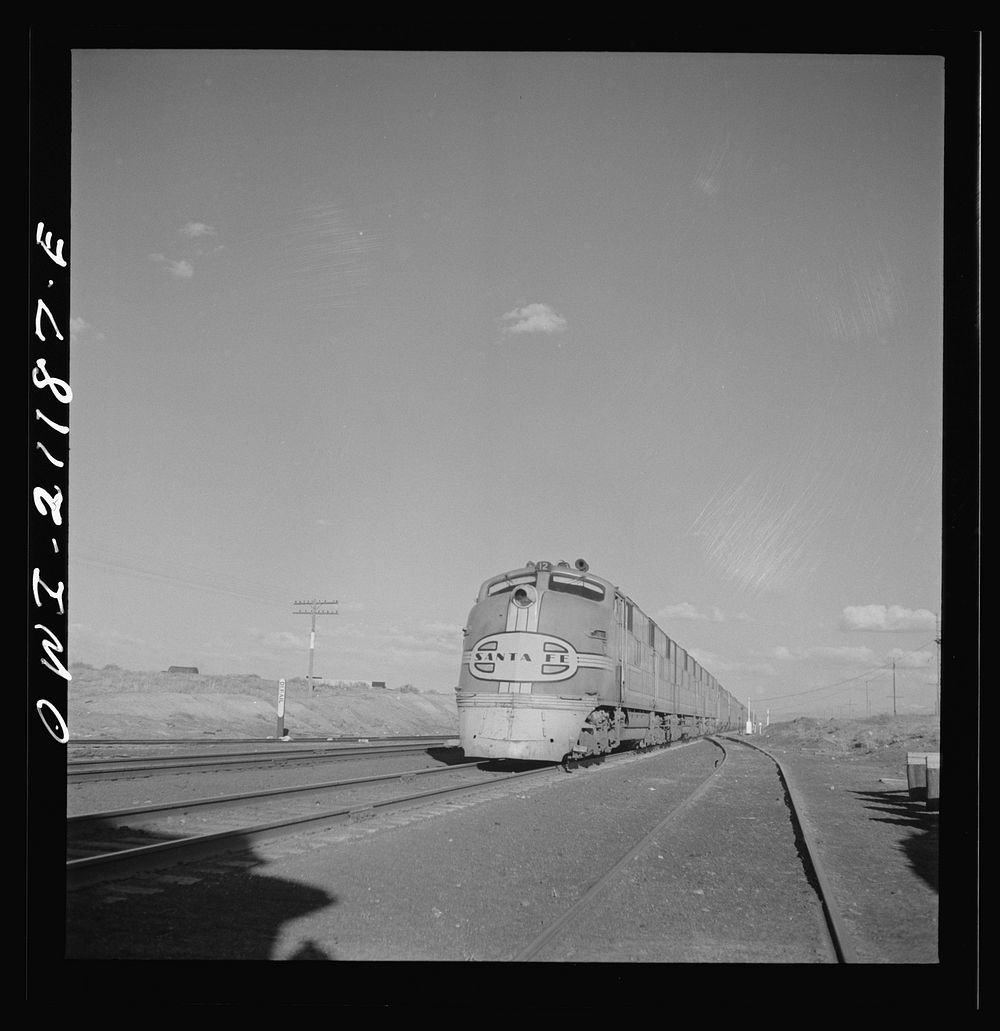 Thoreau, New Mexico. The diesel streamliner "Super Chief" going west along the Atchison, Topeka and Santa Fe Railroad…