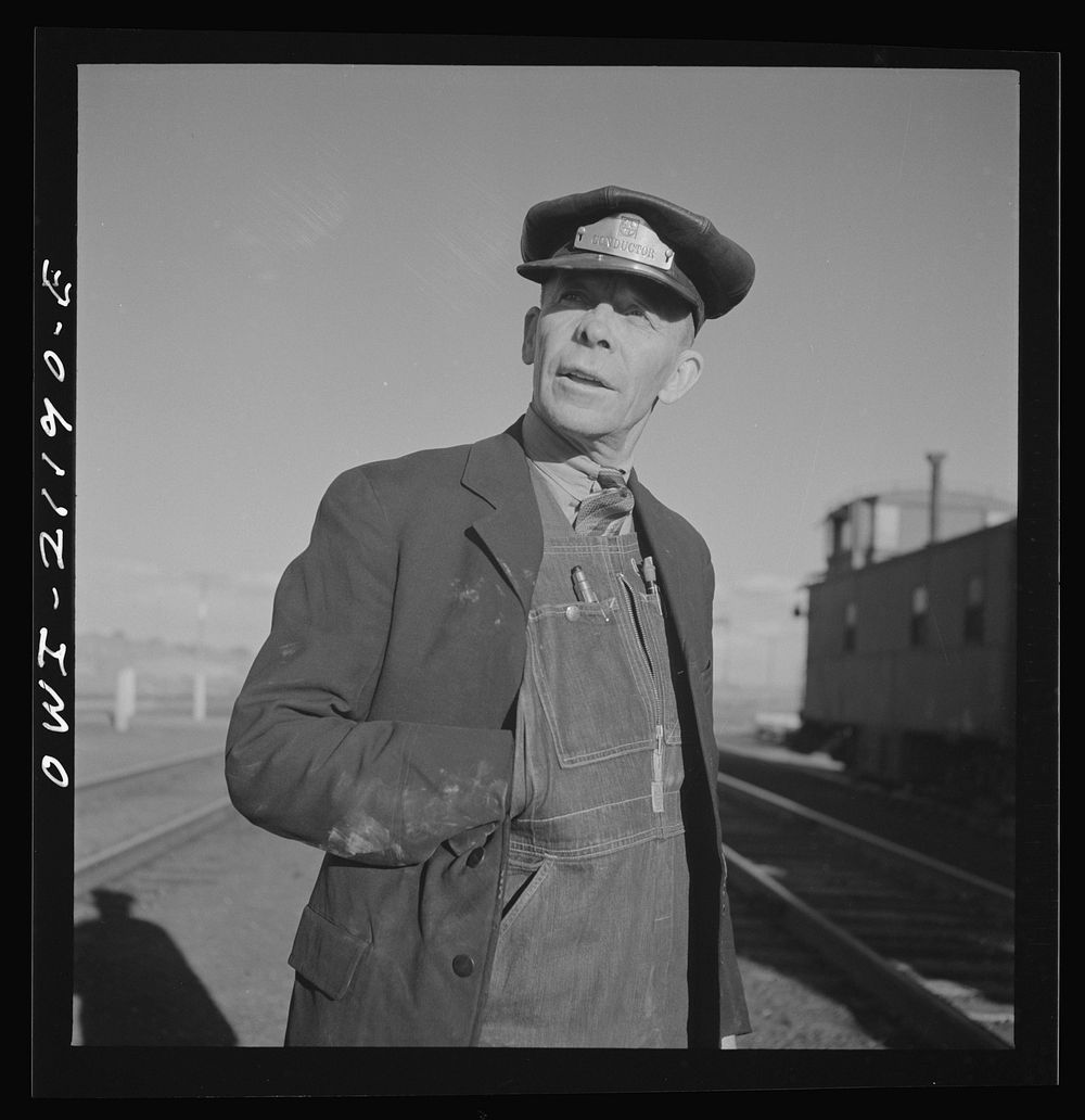 Thoreau, New Mexico. Conductor C.W. Tevis, with the Atchison, Topeka and Santa Fe Railroad for thirty-two years. Sourced…
