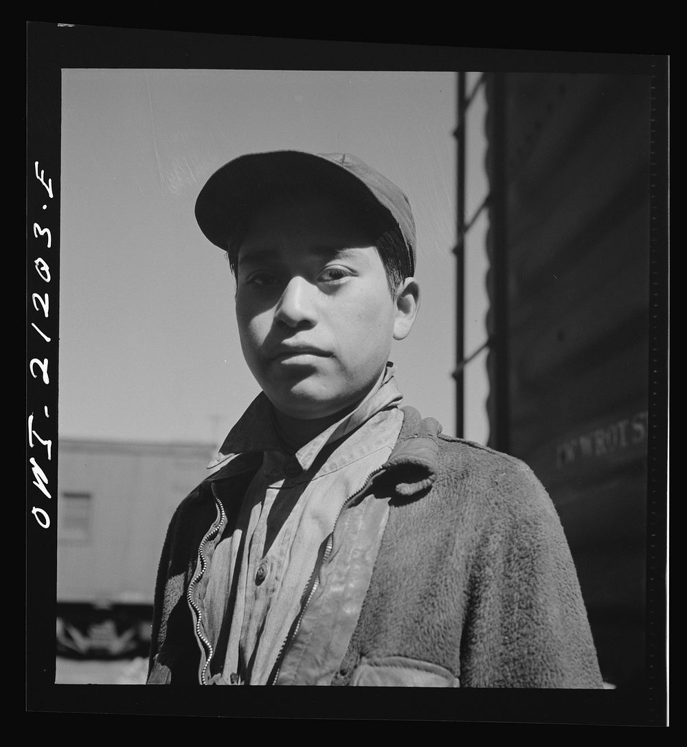 [Untitled photo, possibly related to: Gallup, New Mexico. Clyde Trujillo, eighteen-year-old Indian worker who has been…