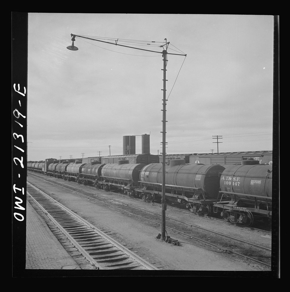 Ash Fork, Arizona. Tank cars in the Atchison, Topeka and Santa Fe Railroad yard. Sourced from the Library of Congress.