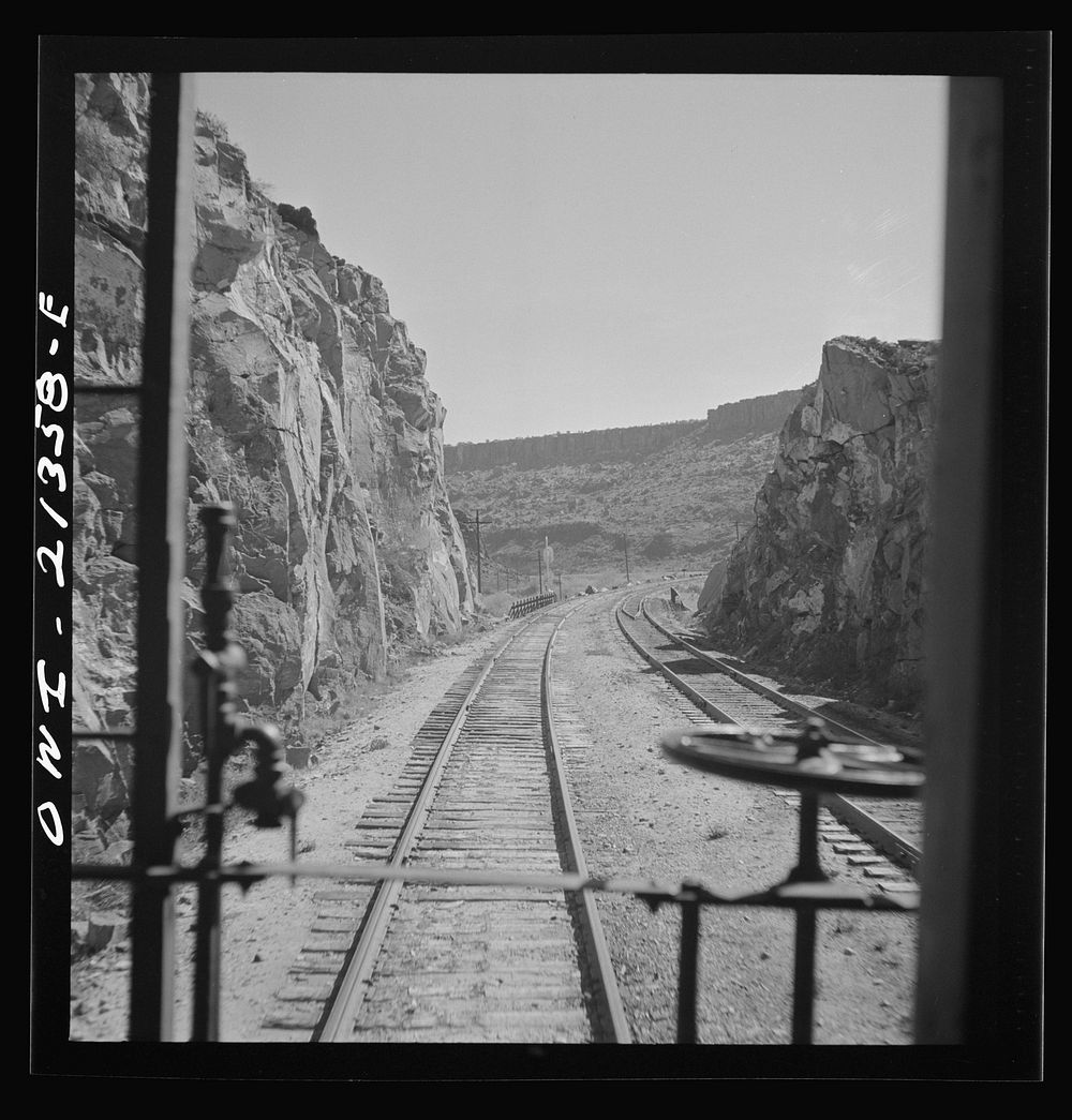 Peach Springs (vicinity), Arizona. Going through mountainous country on the Atchison, Topeka and Santa Fe Railroad. Sourced…