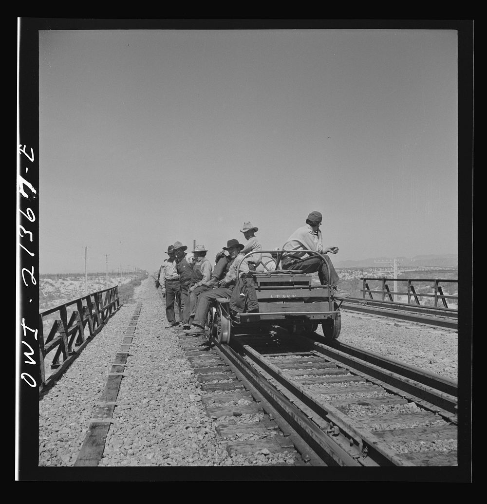 [Untitled photo, possibly related to: Yucca, Arizona. A section crew returning from work on the Atchison, Topeka and Santa…