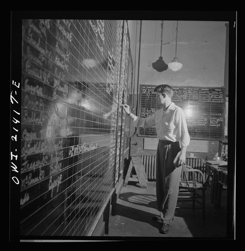 Needles, California. The call board in the Atchison, Topeka, and Santa Fe Railroad crew dispatcher's office. Sourced from…