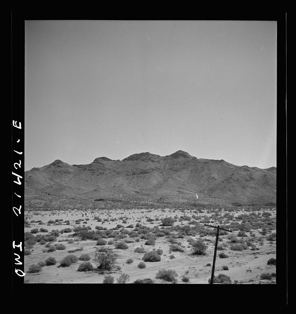 Needles (vicinity), California. Desert country along the Atchison, Topeka, and Santa Fe Railroad between Needles and…