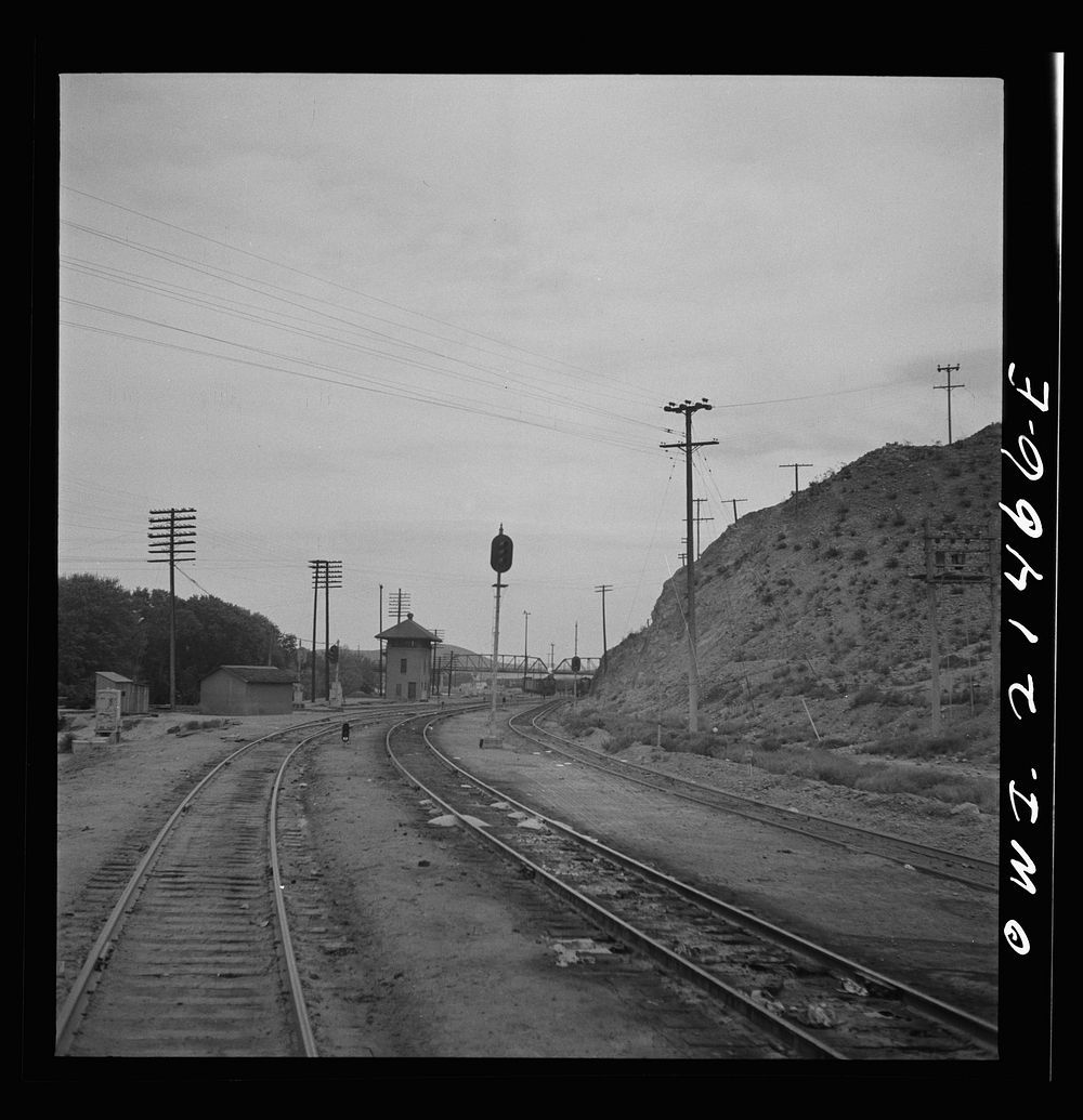 Barstow, California. Pulling out of the Atchison, Topeka and Santa Fe Railroad yard. Sourced from the Library of Congress.