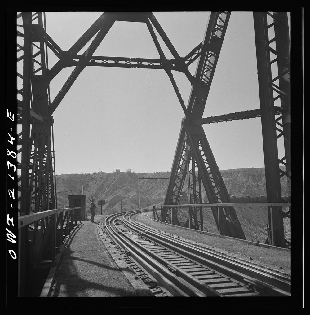 Topock (vicinity), Arizona. Military guard stationed at a bridge over the Colorado River along the Atchison, Topeka and…