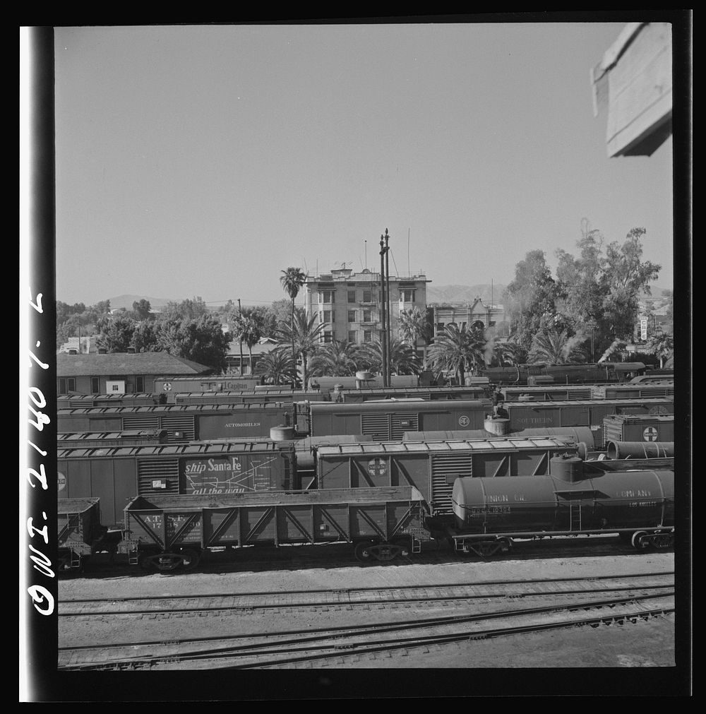Needles, California. A general view of the Atchison, Topeka, and Santa Fe Railroad yards. Sourced from the Library of…