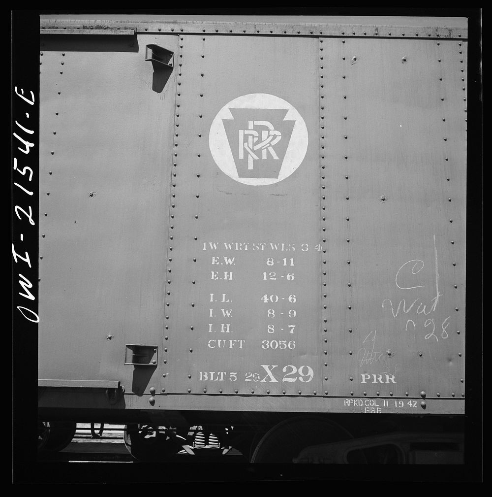 San Bernardino, California. A Pennsylvania Railroad freight car, built in June 1929, showing the exterior width, the…