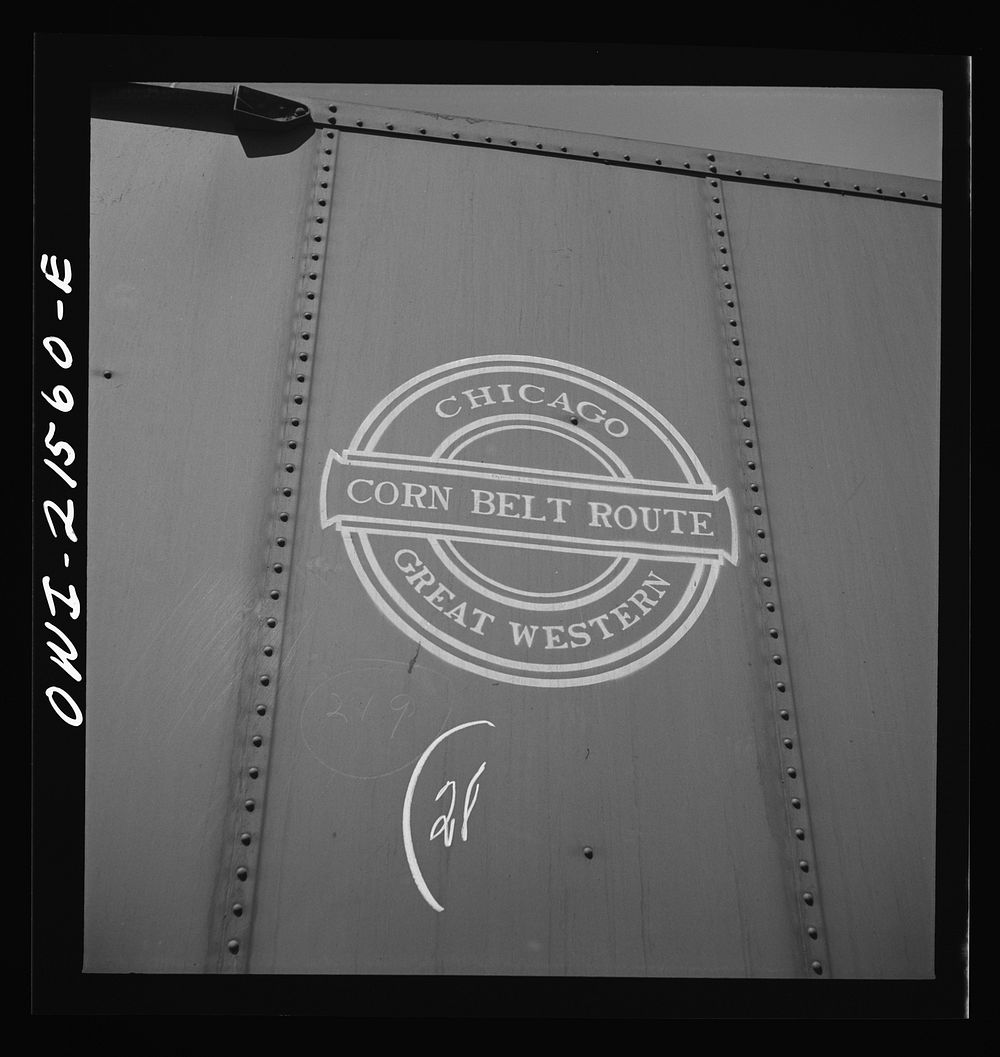San Bernardino, California. An emblem on a Chicago and Great Western Railroad freight car. Sourced from the Library of…