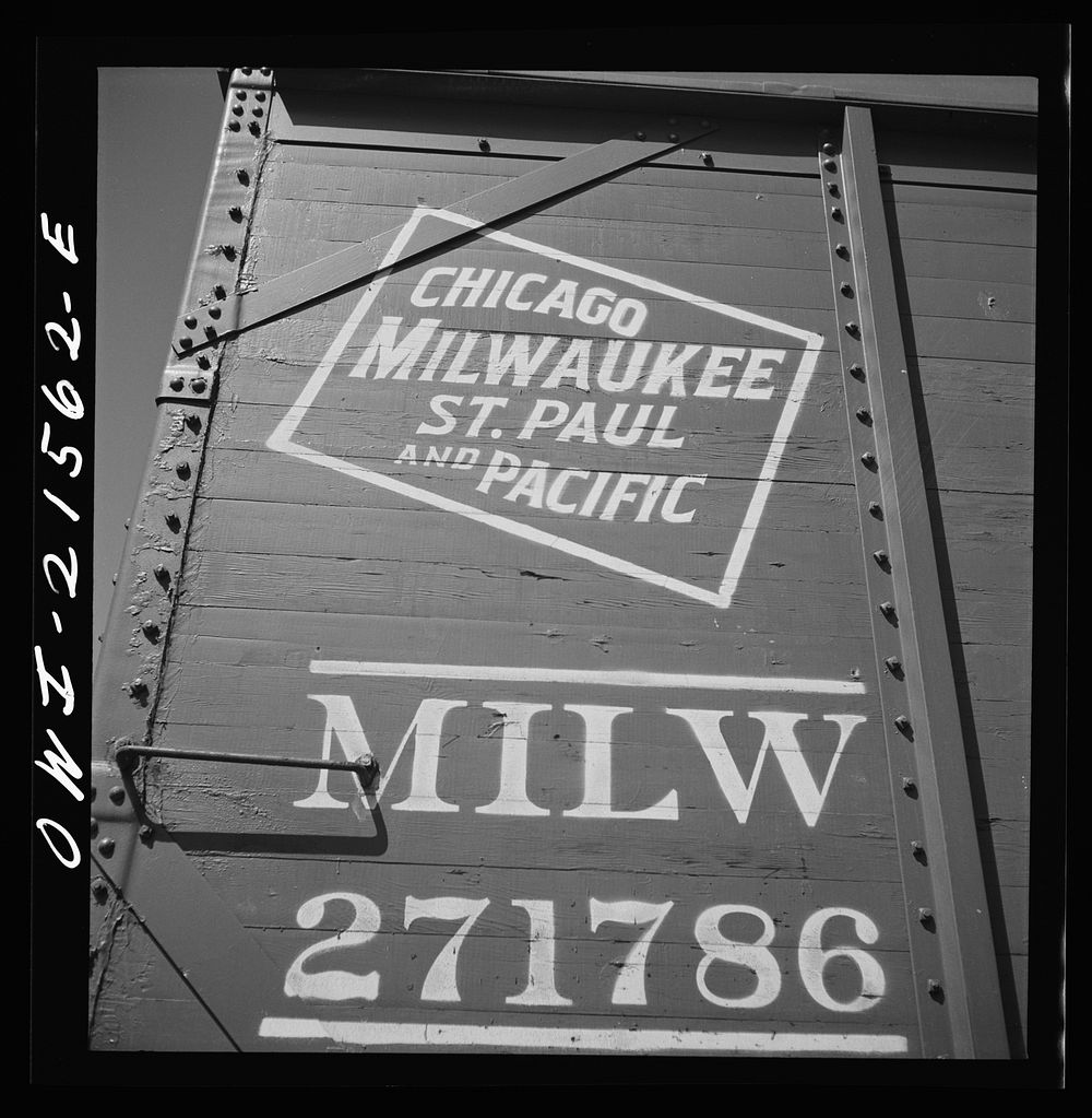 San Bernardino, California. An emblem on a Chicago, Milwaukee, Saint Paul and Pacific Railroad (Milwaukee Road) freight car.…
