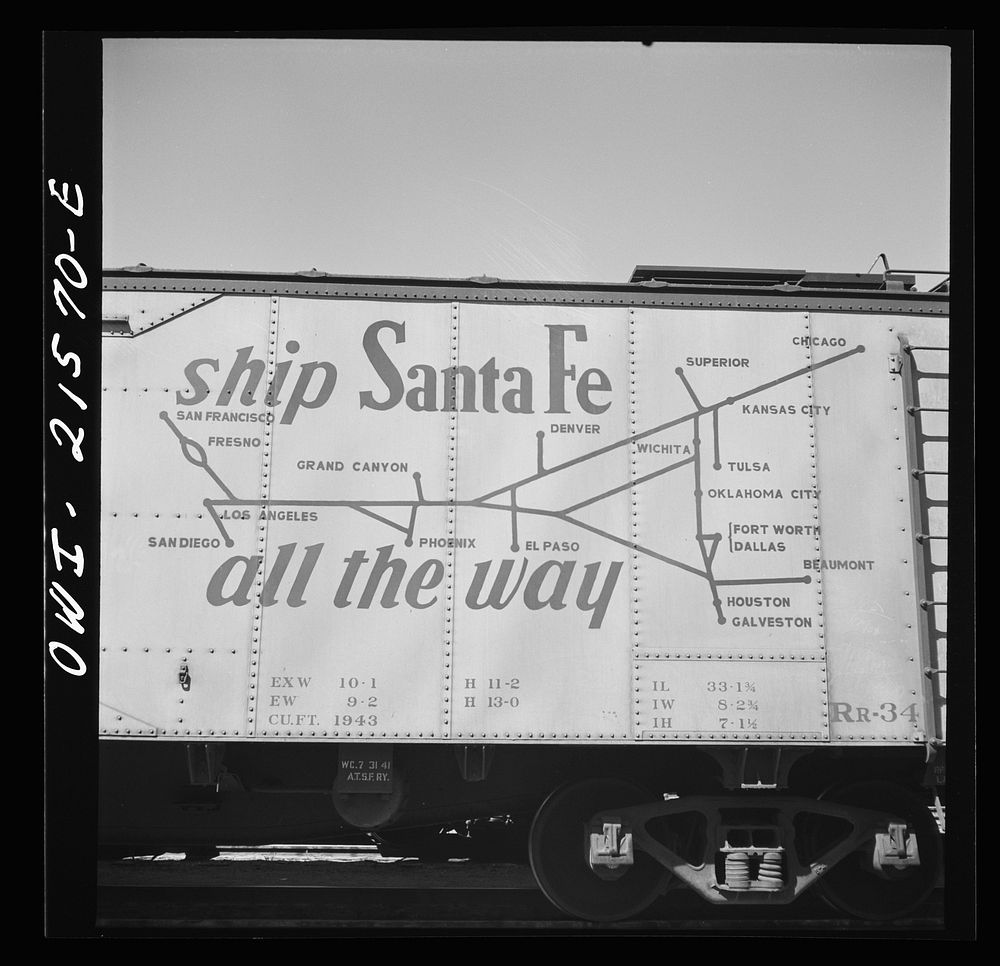 San Bernardino, California. A car of the Atchison, Topeka and Santa Fe Railroad. Sourced from the Library of Congress.