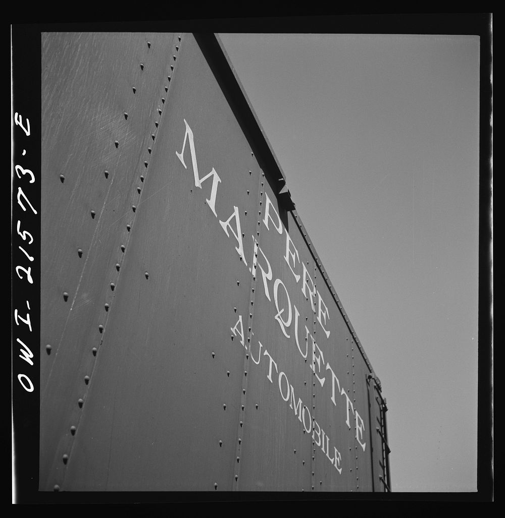 San Bernardino, California. A sign on a freight car of the Pere Marquette Railroad. Sourced from the Library of Congress.