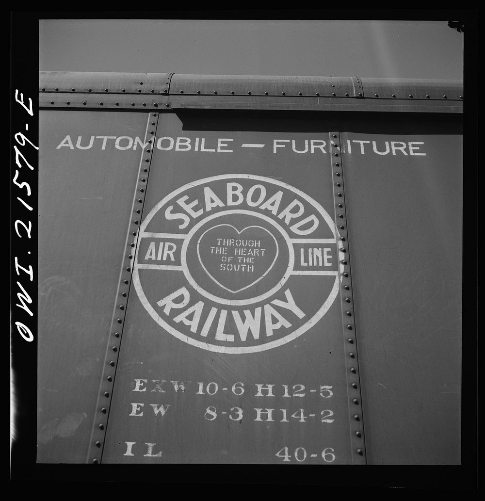 San Bernardino, California. A sign on a freight car of the Seaboard Airline Railway. Sourced from the Library of Congress.