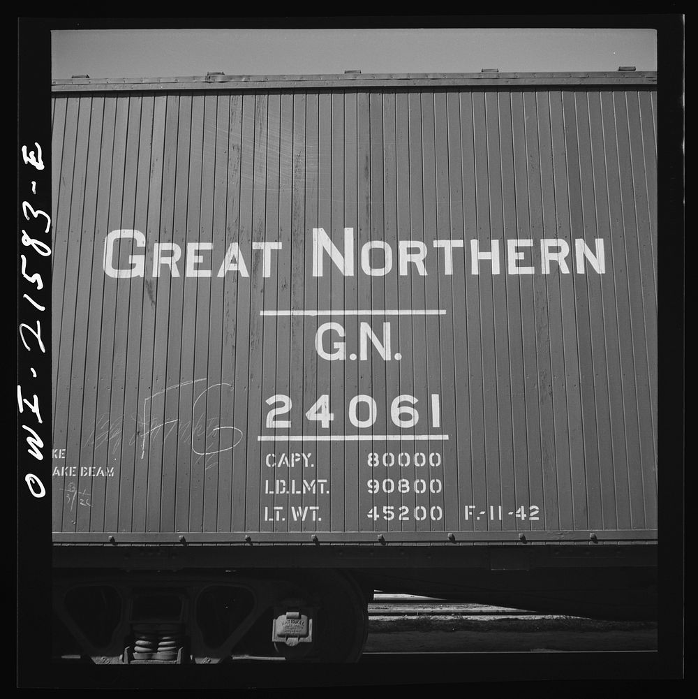 San Bernardino, California. Data on a freight car of the Great Northern Railroad. Sourced from the Library of Congress.