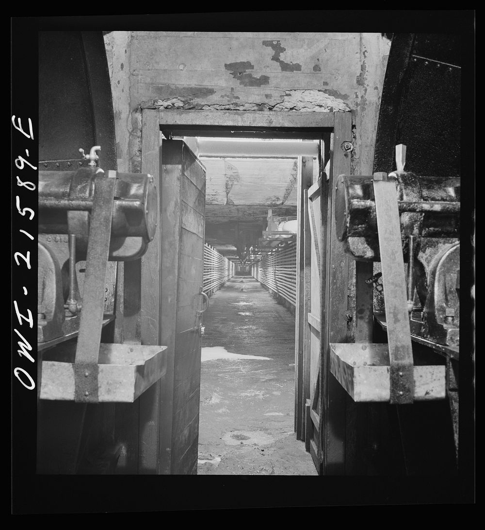 San Bernardino, California. A tunnel at the ice plant through which air is blown on its way to the refrigerator cars.…