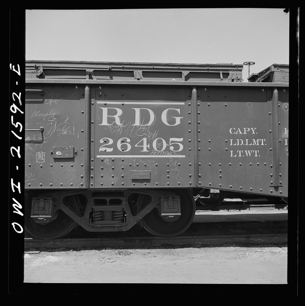 San Bernardino, California. A sign on a gondola car of the Reading Railroad. Sourced from the Library of Congress.