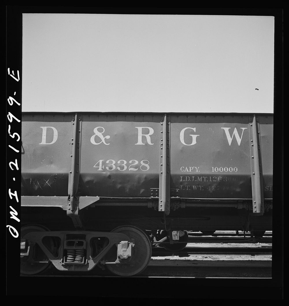San Bernardino, California. A sign on a car of the Denver and Rio Grande Western Railroad. Sourced from the Library of…