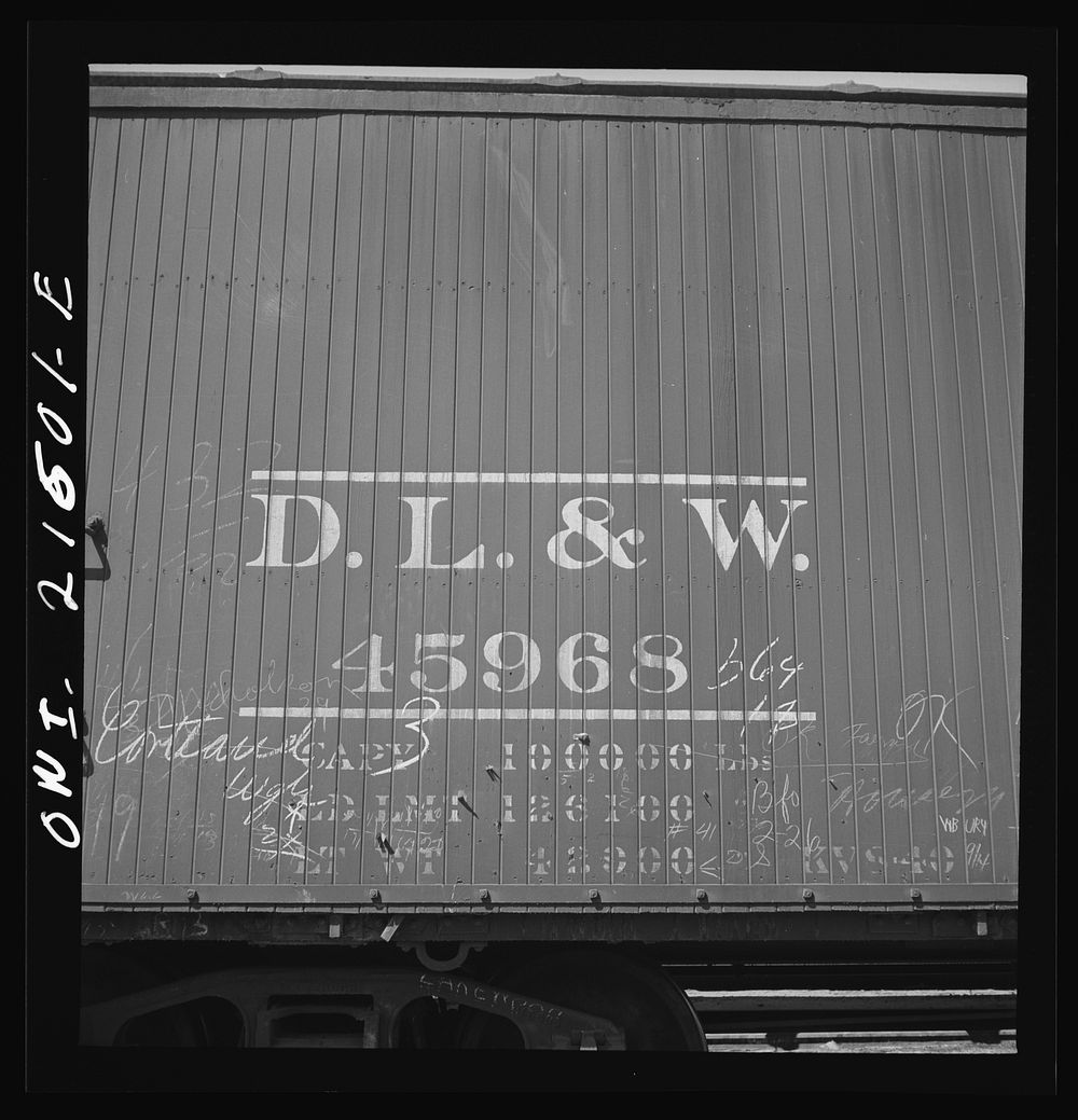 San Bernardino, California. A sign on a freight car of the Delaware, Lackawanna and Western Railroad. Sourced from the…