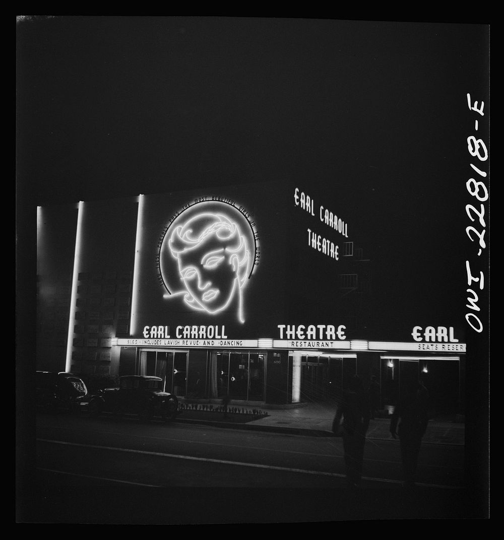 Hollywood, California. Neon signs at the famous Earl Carroll theater by Russell Lee