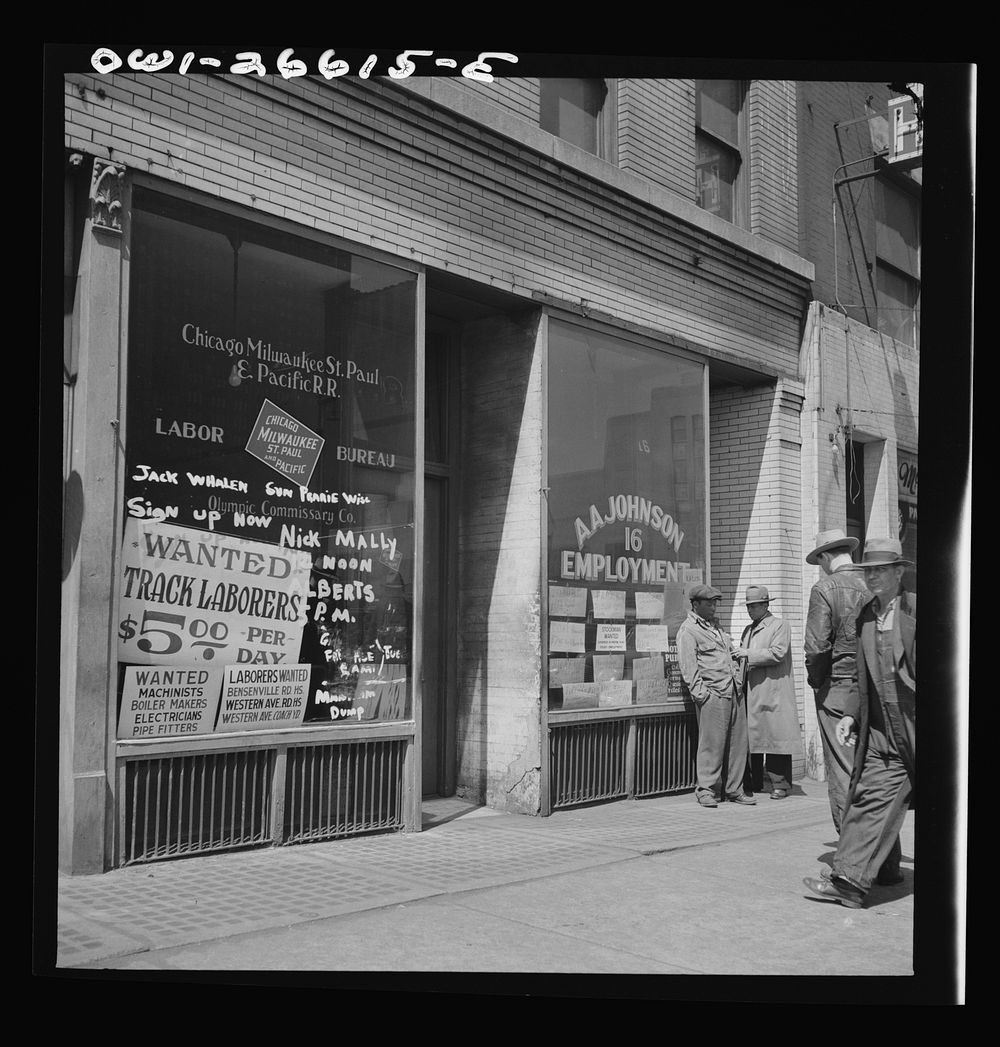 Chicago, Illinois. Railroad help wanted signs in window of an employment agency near the Union Station. Sourced from the…