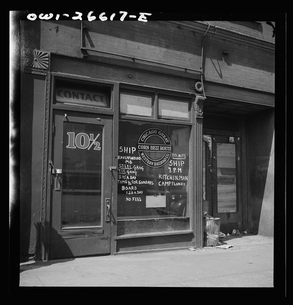 Chicago, Illinois. Railroad help wanted signs in windows of an employment agency near the Union Station. Sourced from the…