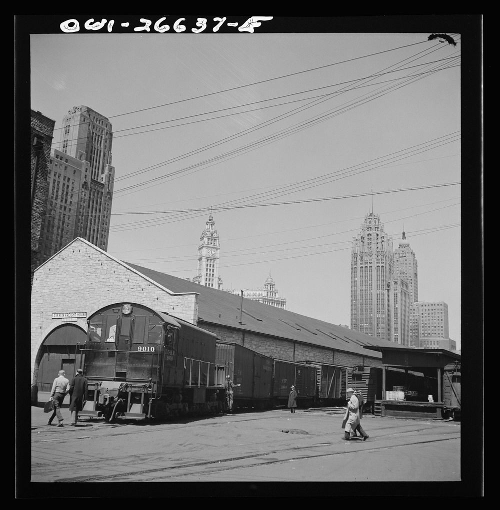 [Untitled photo, possibly related to: Chicago, Illinois. Diesel switch engine working at the South Water Street, Illinois…