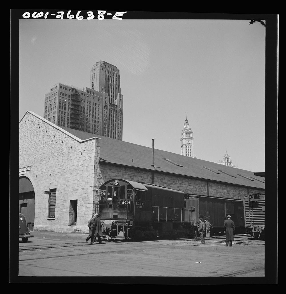 [Untitled photo, possibly related to: Chicago, Illinois. Diesel switch engine working at the South Water Street, Illinois…