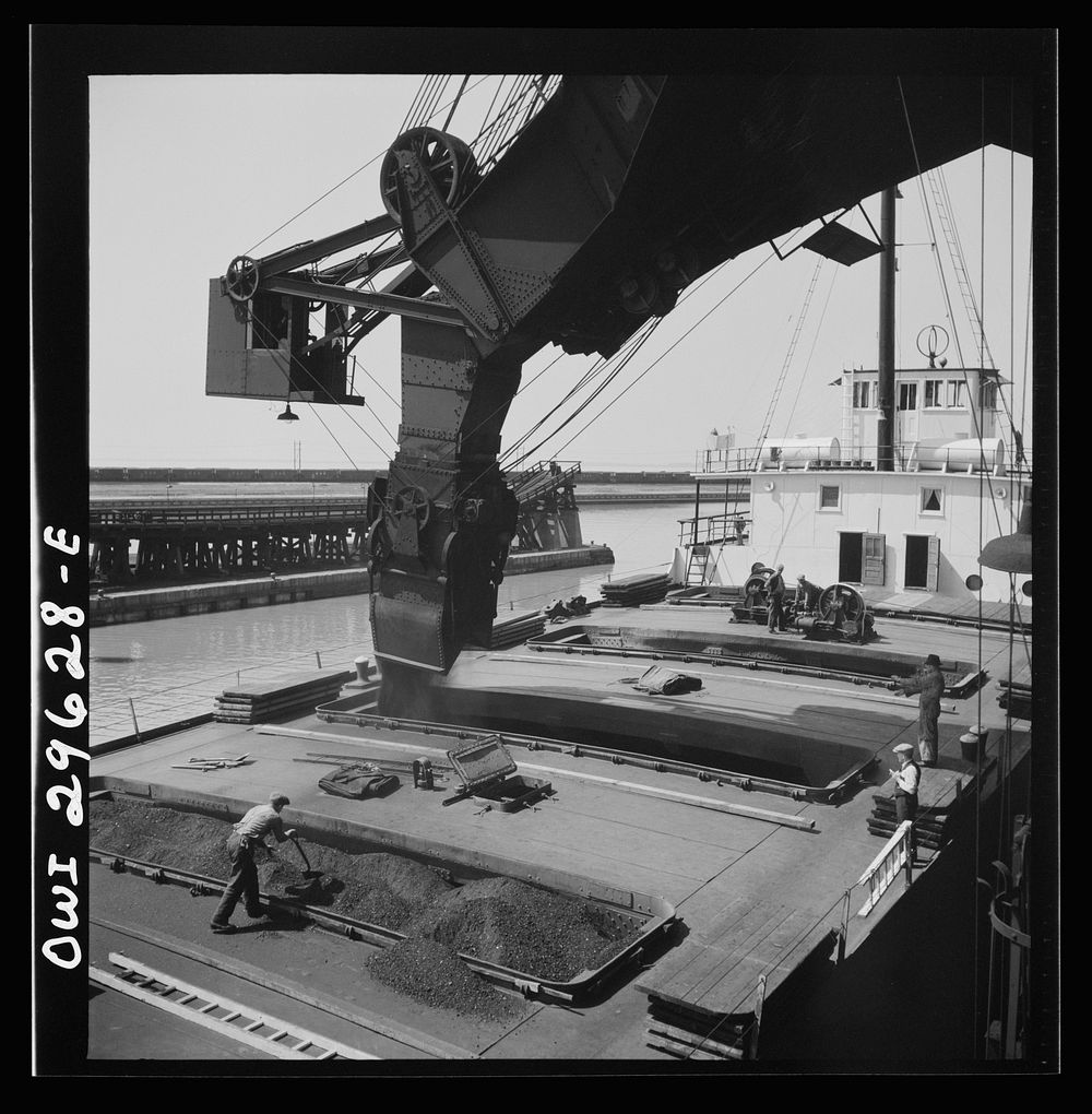 Sandusky, Ohio. Loading coal into a lake freighter at the Pennsylvania Railroad docks. Sourced from the Library of Congress.