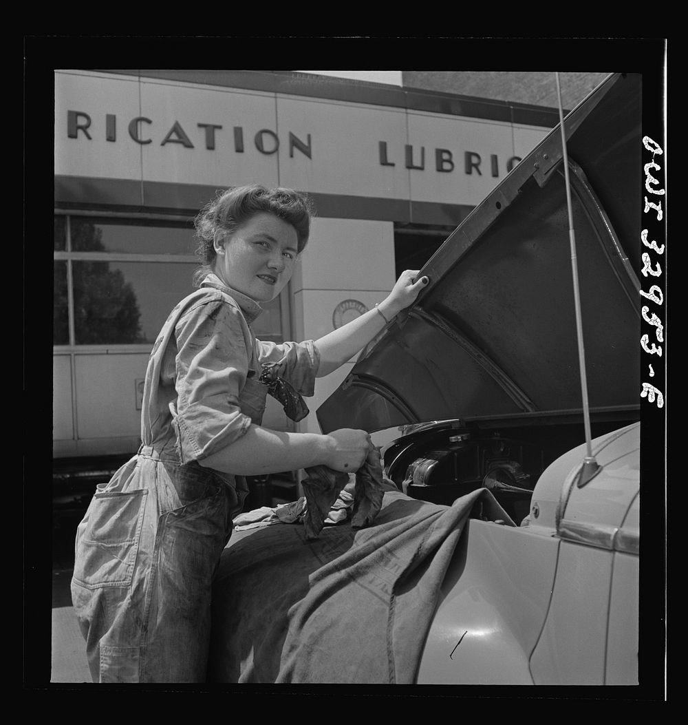 Philadelphia, Pennsylvania. Miss Frances Heisler, a garage attendant at one of the Atlantic Refining Company garages. She…
