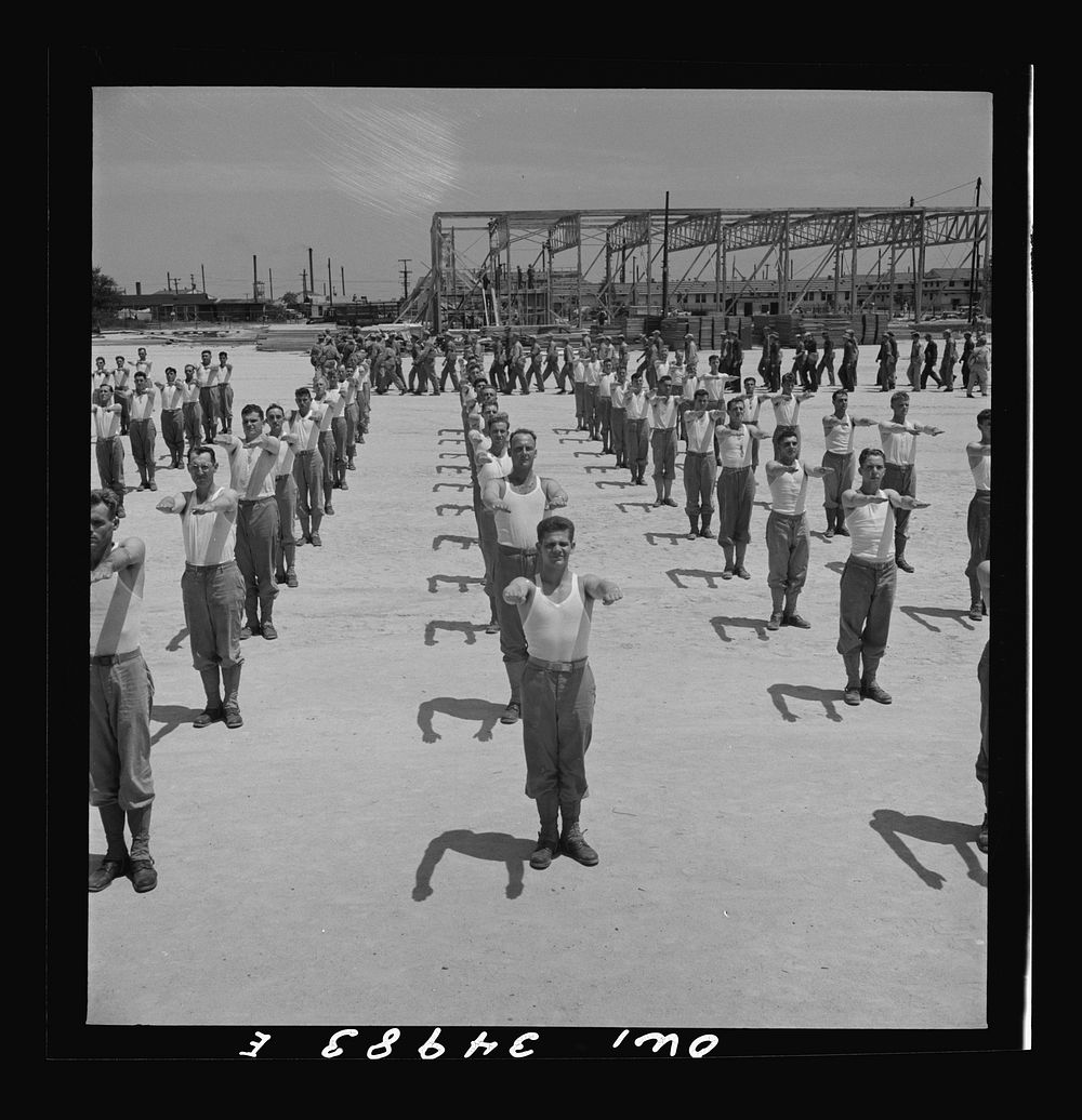 Daniel Field, Georgia. Air Service Command. Enlisted men going through the calisthenics routine. Sourced from the Library of…