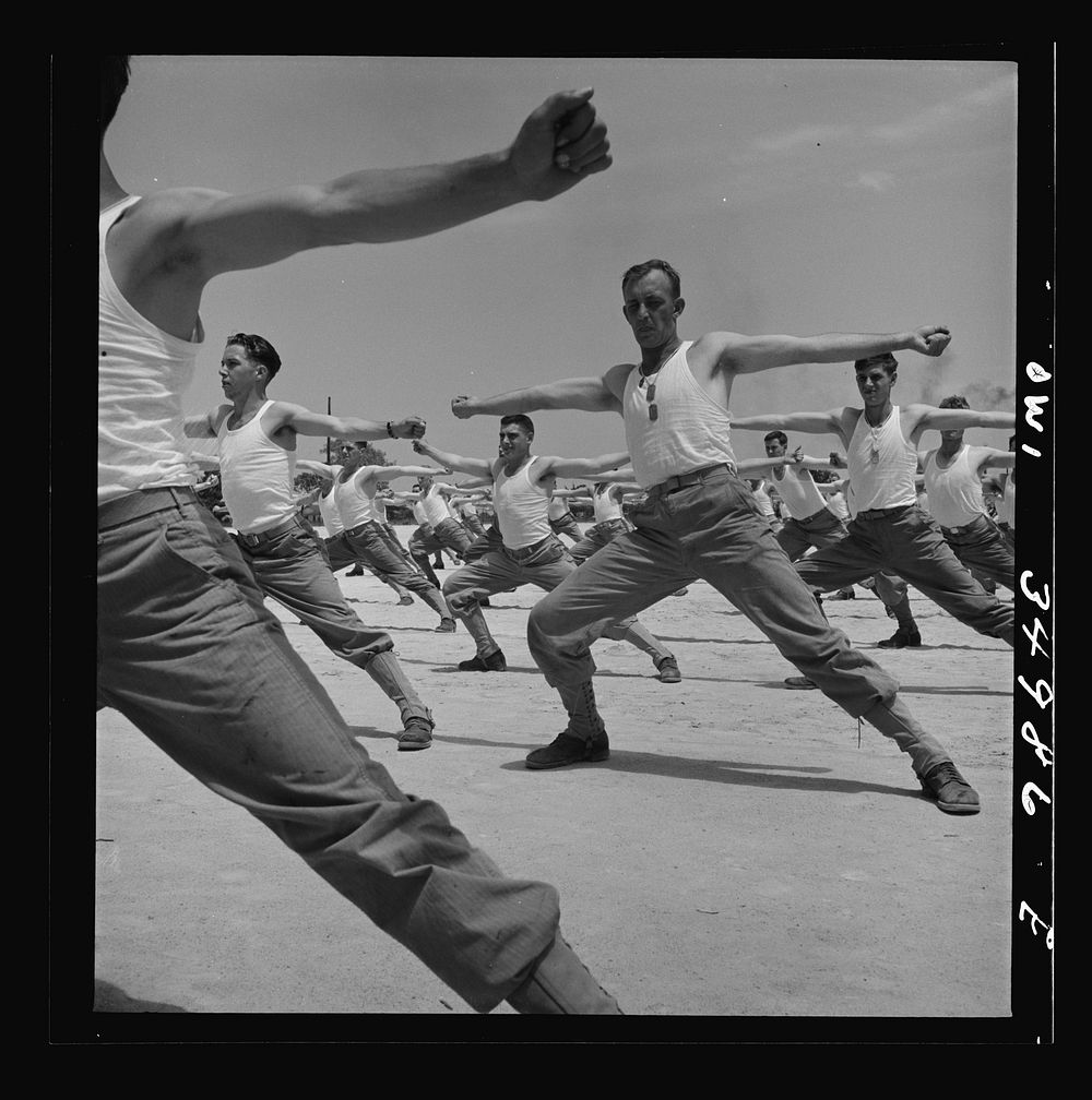Daniel Field, Georgia. Air Service Command. Enlisted men going through the calisthenics routine. Sourced from the Library of…