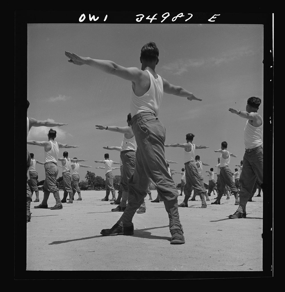 Daniel Field, Georgia. Air Service Command. Enlisted men going through the calisthenics routine. Sourced from the Library of…
