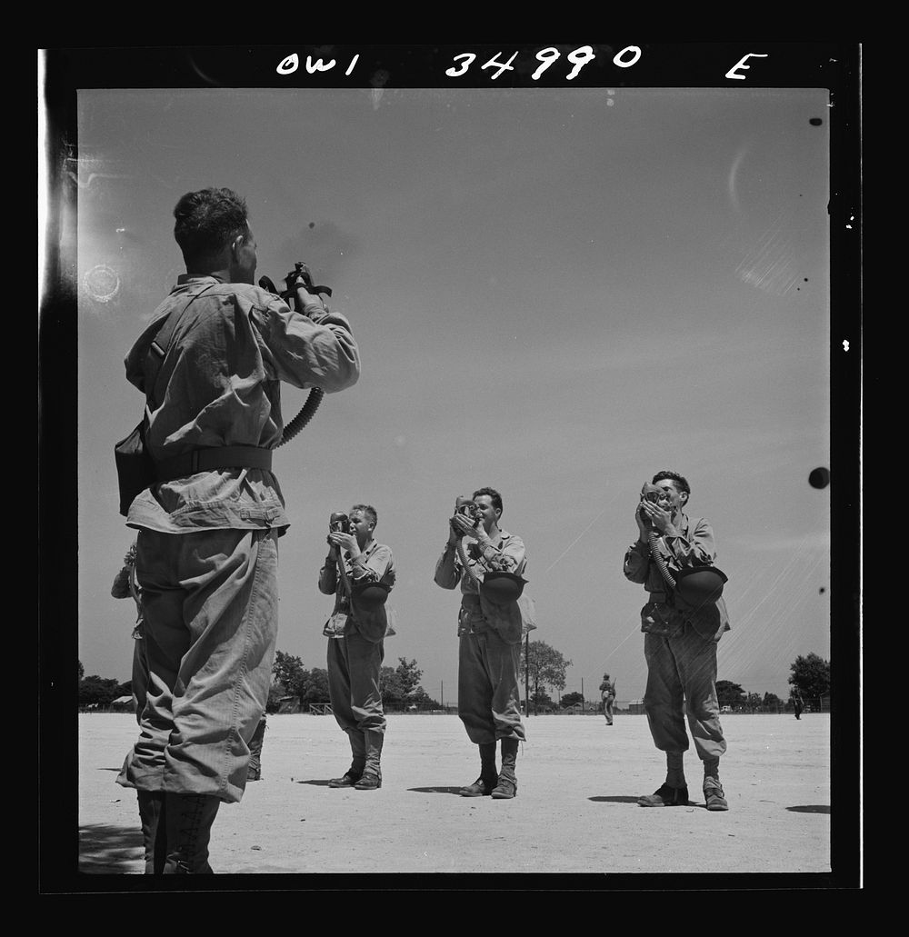 Daniel Field, Georgia. Air Service Command. Class in gas mask procedure. Sourced from the Library of Congress.