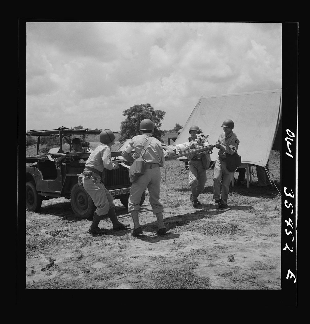 Greenville, South Carolina. Air Service Command. Men of the medical unit of the 25th service group demonstrating the…