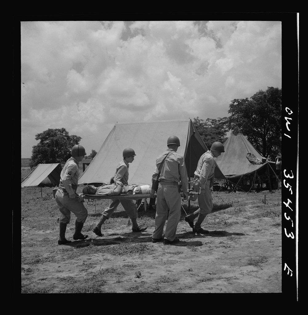Greenville, South Carolina. Men of the medical unit of the 25th service group having litter drill. Sourced from the Library…