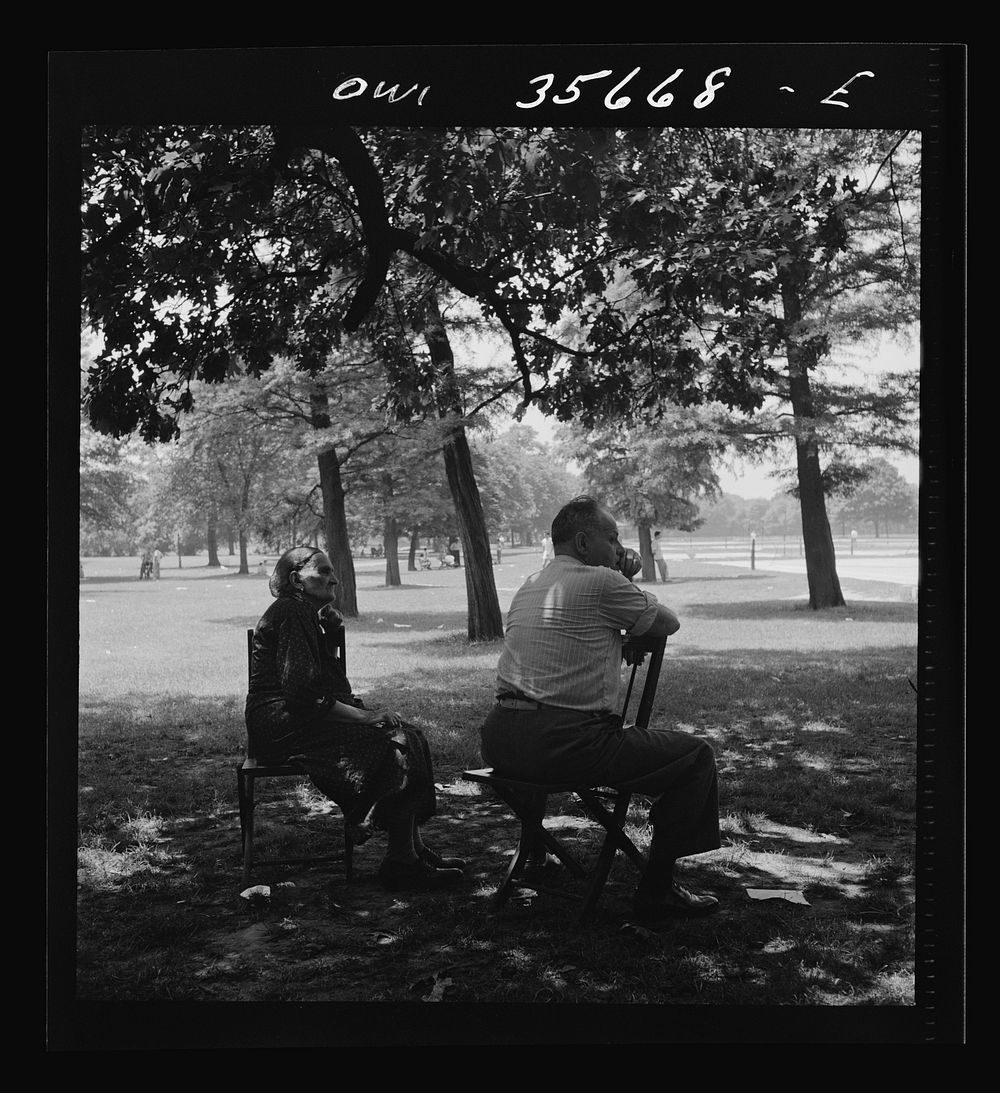 [Untitled photo, possibly related to: Philadelphia, Pennsylvania. Watching the tennis players from the shade of the trees in…