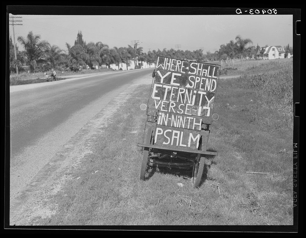 Cart which traveling preacher uses. Near Belle Glade, Florida. Sourced from the Library of Congress.