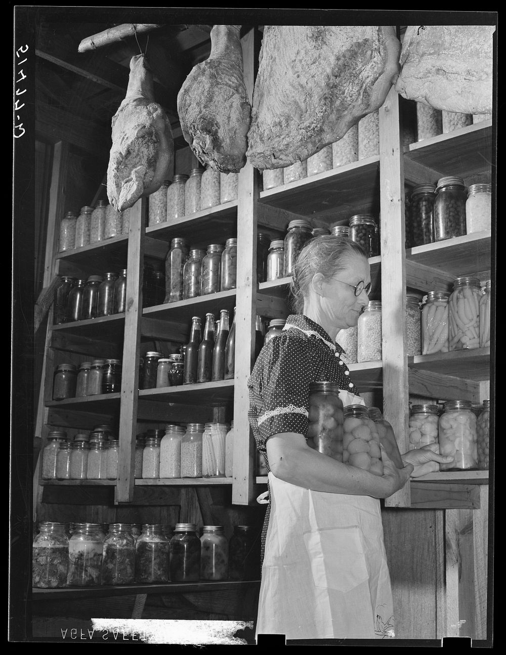 Mrs. Watkins (project family) in her smokehouse showing canned foods and cured meat. Coffee, Alabama. Sourced from the…