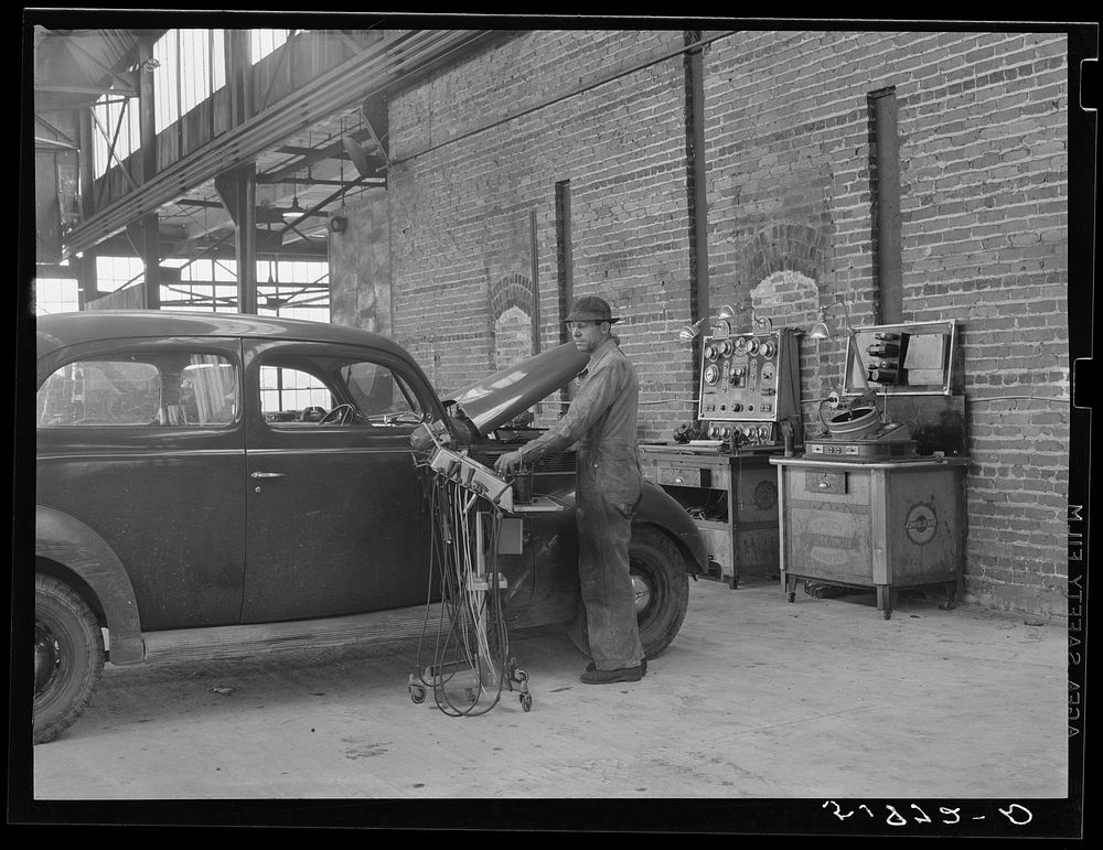 [Untitled photo, possibly related to: Testing motors of car in FSA (Farm Security Administration) warehouse depot. Atlanta…