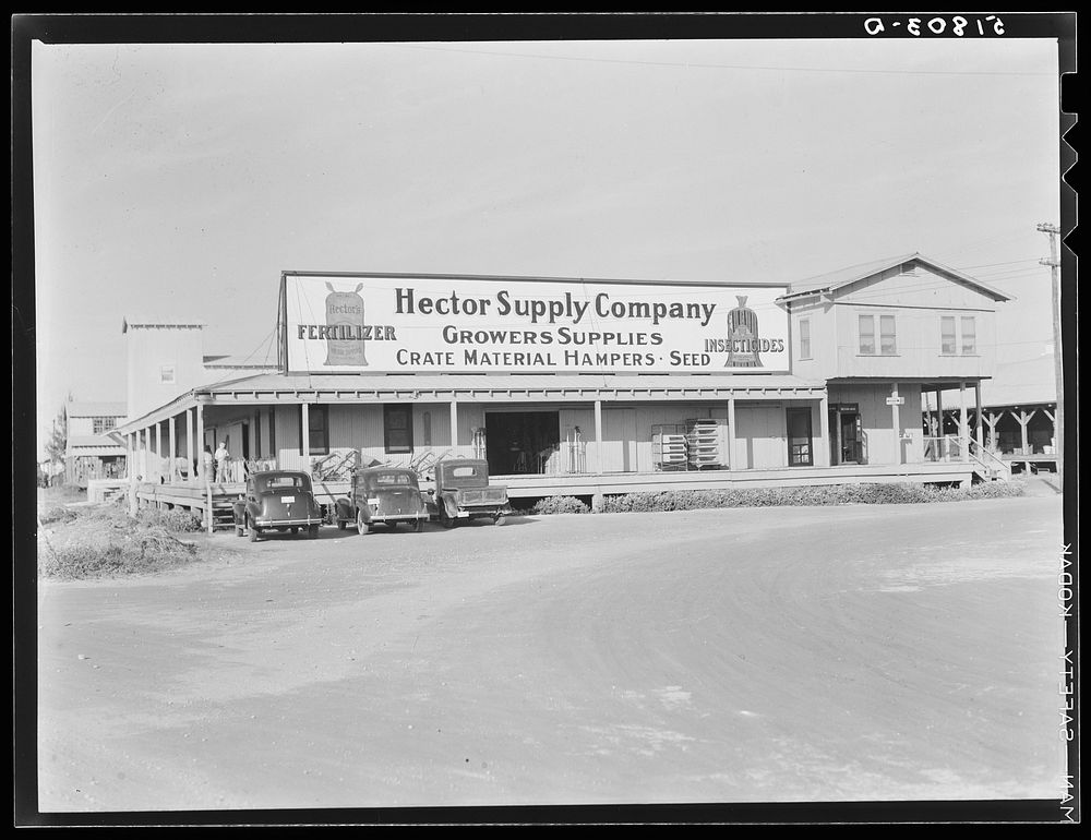 Supply house near packing houses in Belle Glade, Florida. Sourced from the Library of Congress.