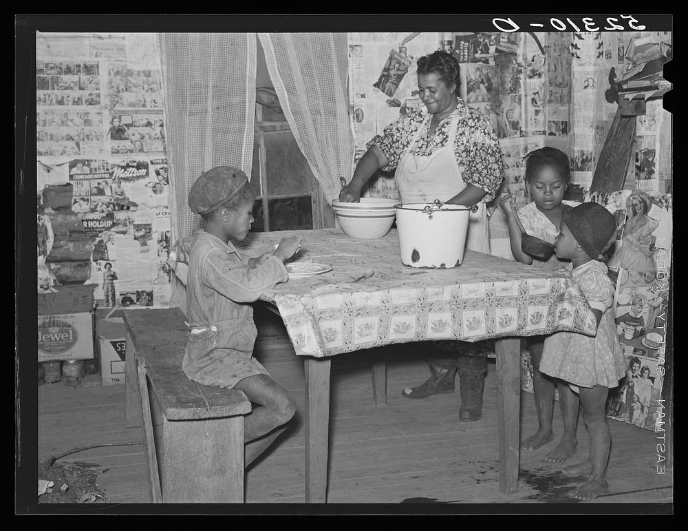 Kitchen in  tenant home on Marcella Plantation. Mileston, Mississippi Delta, Mississippi. Sourced from the Library of…