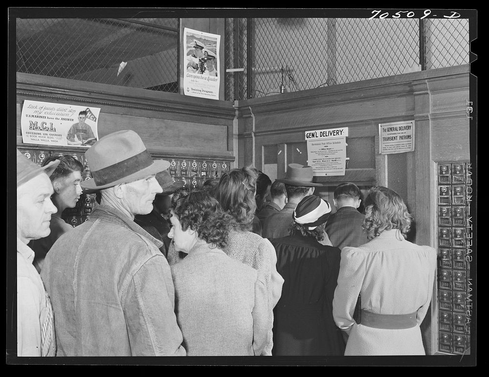 Lineup at general delivery window at the post office in Hermiston, Oregon. This post office served about eight hundred…