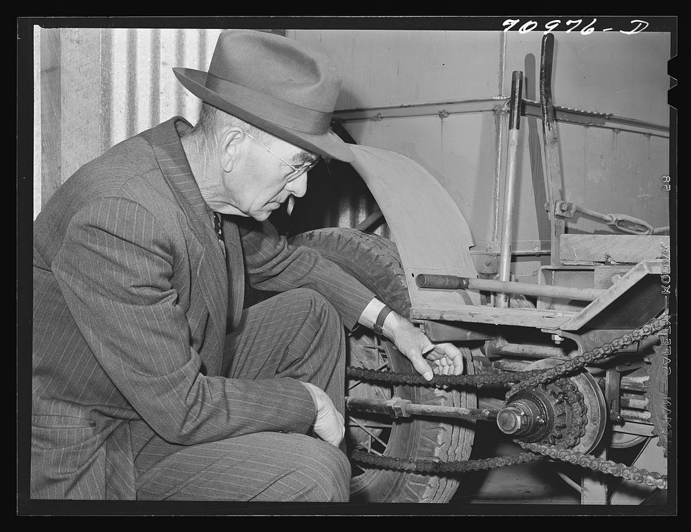 Salinas, California. Intercontinental Rubber Producers. D.O. Mumford, superintendent, in the company shops. He designed all…