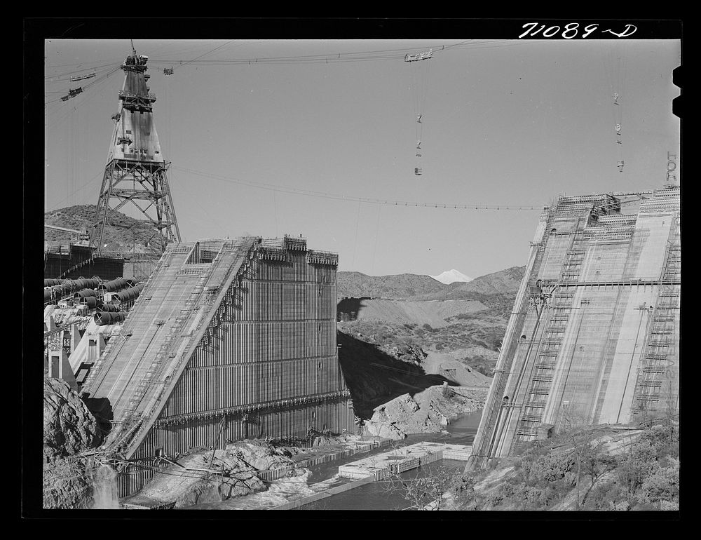 Shasta Dam under construction. Mount Shasta in background. Shasta County, California by Russell Lee