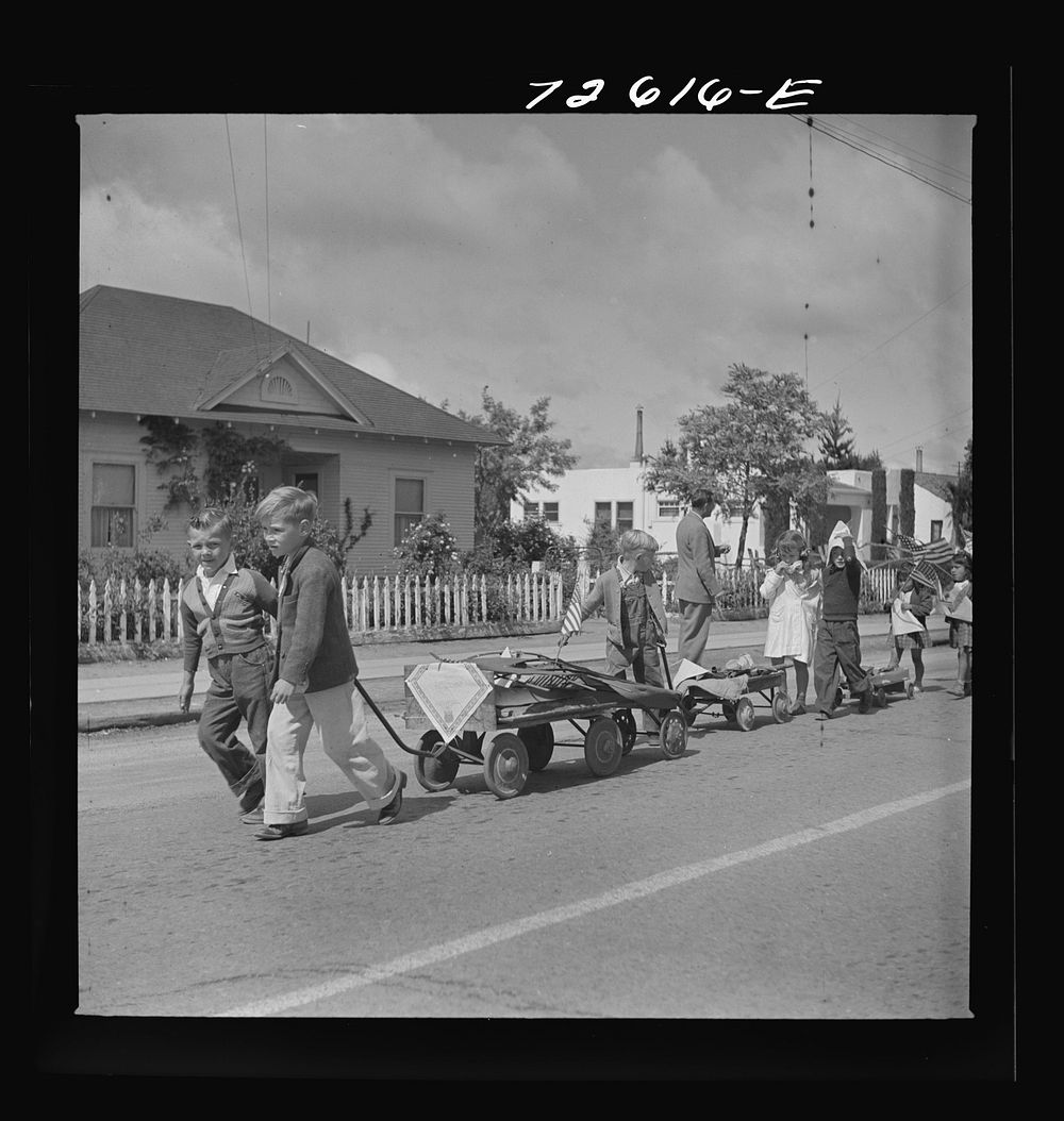 [Untitled photo, possibly related to: San Juan Bautista, California. Schoolchildren parading with scrap metal they have…
