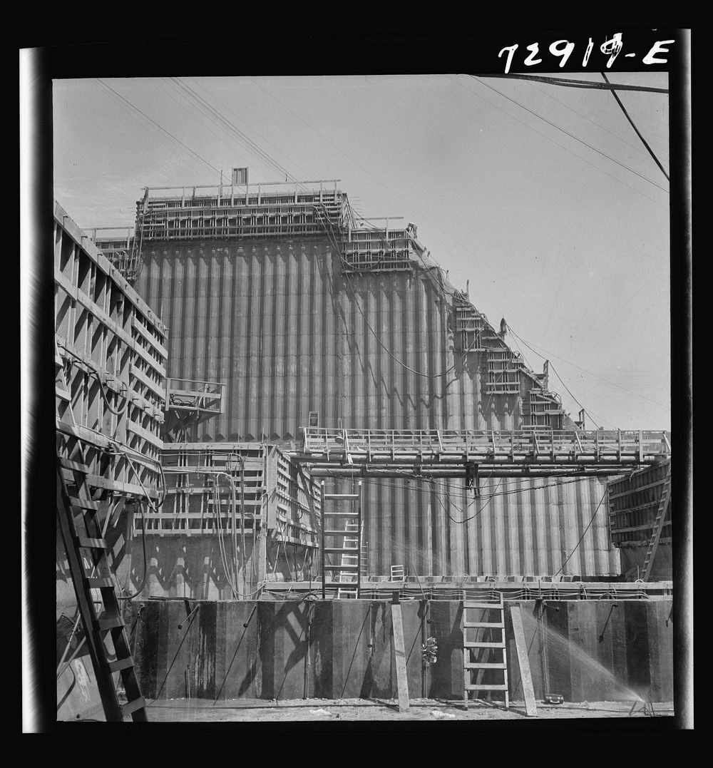[Untitled photo, possibly related to: Shasta Dam, Shasta County, California. Dam under construction showing the forms for…