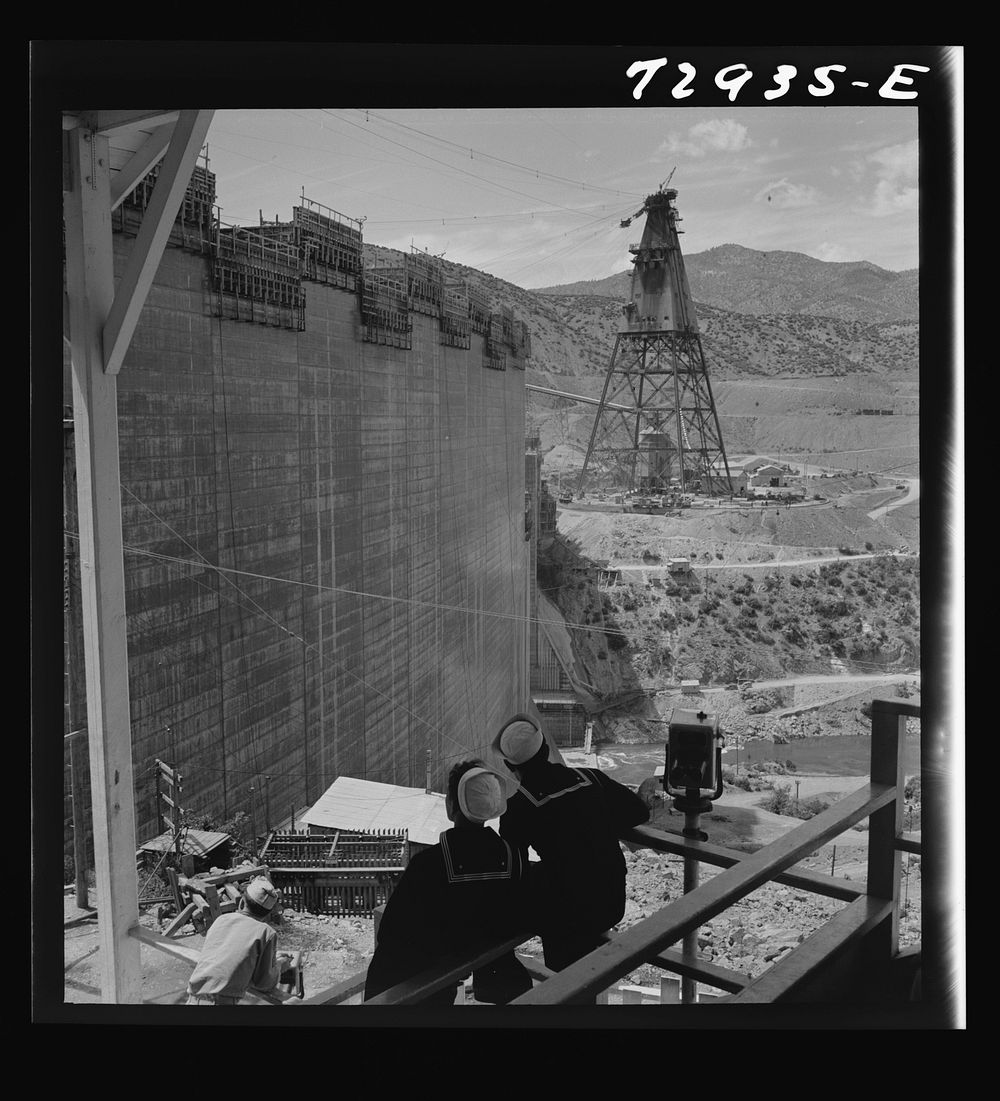 Shasta Dam, Shasta County, California. Sailors watching construction work on the dam from Vista house by Russell Lee
