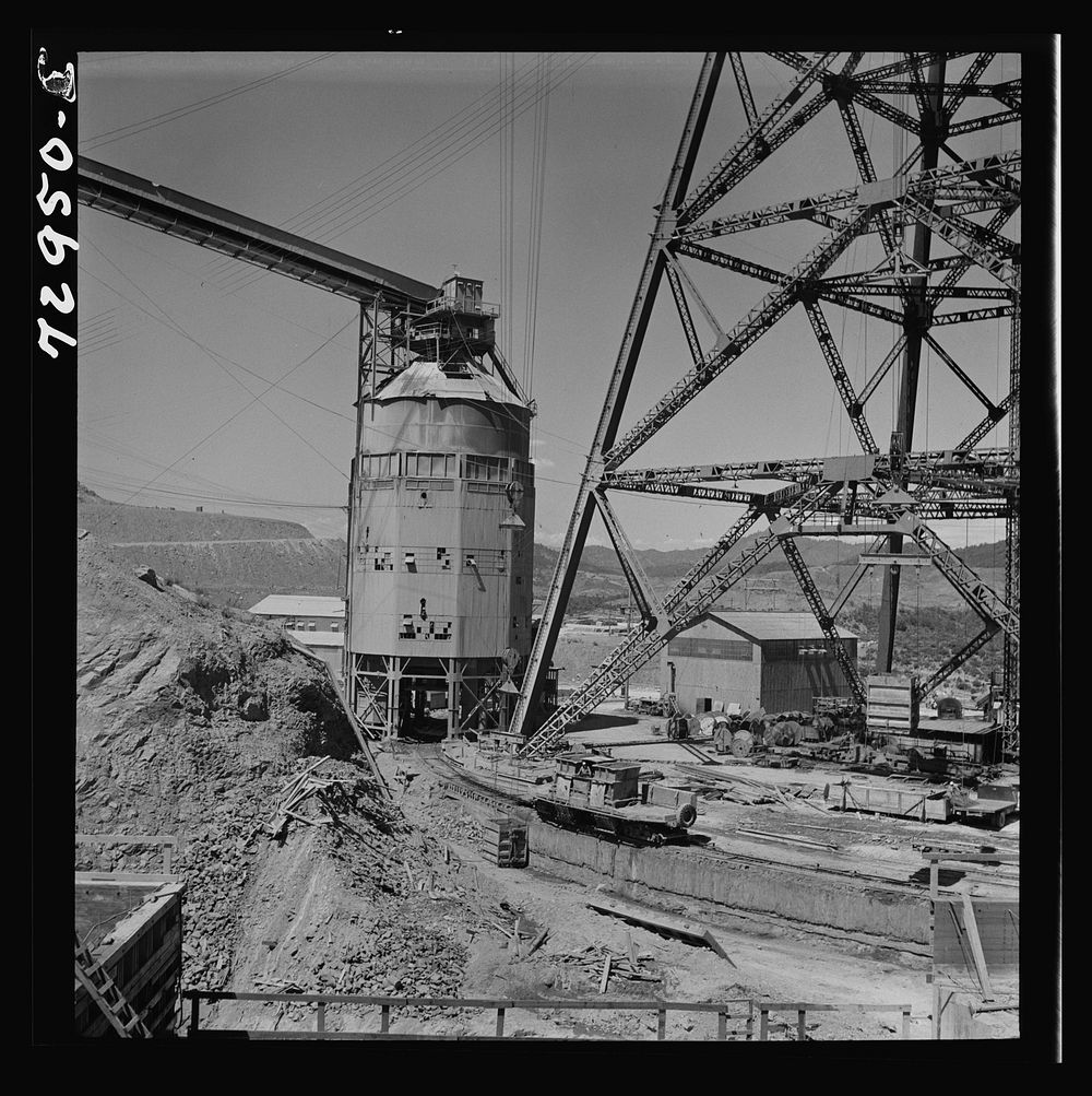 [Untitled photo, possibly related to: Shasta Dam, Shasta County, California. Foot of head tower from which cable buckets…